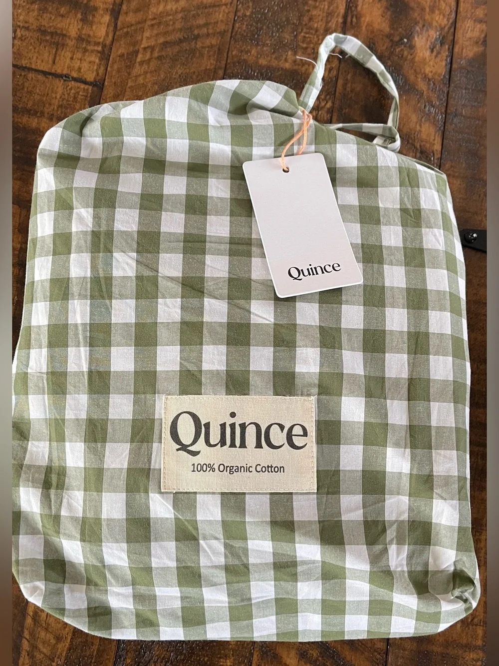 NWT Quince Organic Crisp Percale Gingham Sheet Set, Twin (Olive)